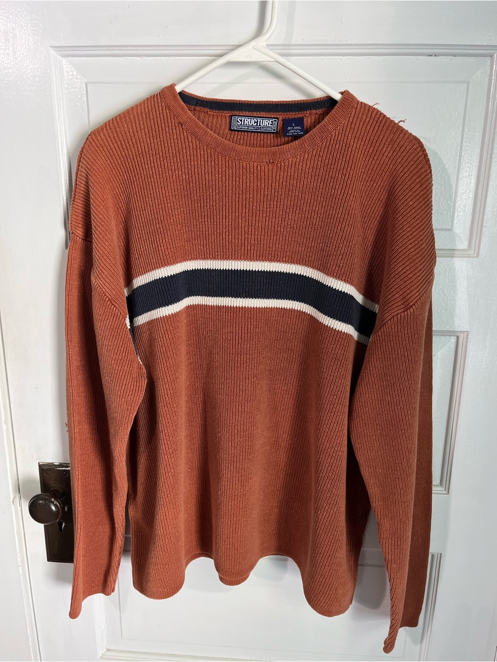 Structure vintage Rust Crewneck Sweater with Navy and Cream Stripe size large